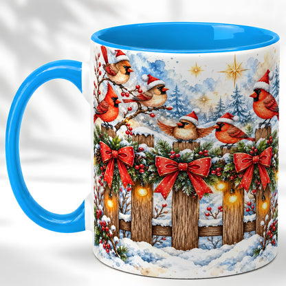 #pl[11oz|Blue] Snowy Cardinals Coffee Mug, Christmas Bird Mug, Ceramic Cup