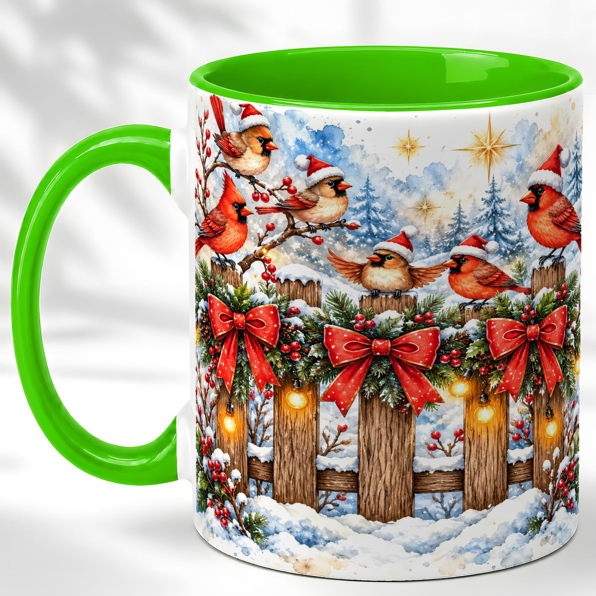 #pl[11oz|Green] Snowy Cardinals Coffee Mug, Christmas Bird Mug, Ceramic Cup