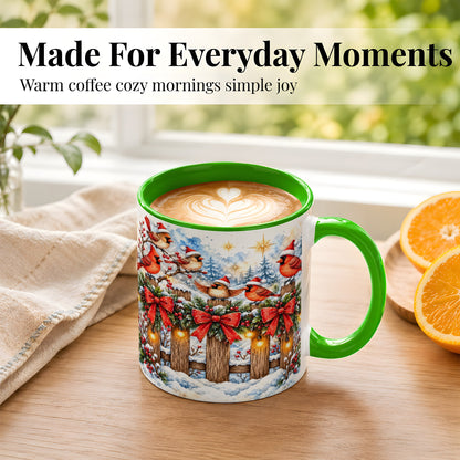 #pl[11oz|Green] Snowy Cardinals Coffee Mug, Christmas Bird Mug, Ceramic Cup