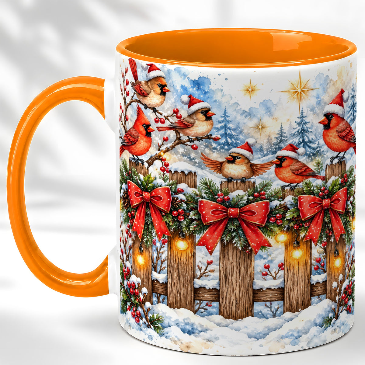 #pl[11oz|Orange] Snowy Cardinals Coffee Mug, Christmas Bird Mug, Ceramic Cup