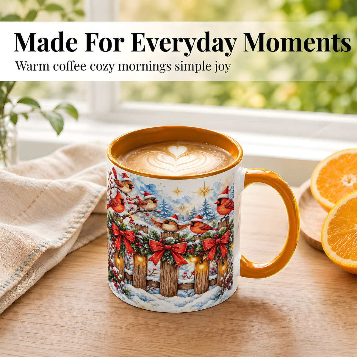#pl[11oz|Orange] Snowy Cardinals Coffee Mug, Christmas Bird Mug, Ceramic Cup