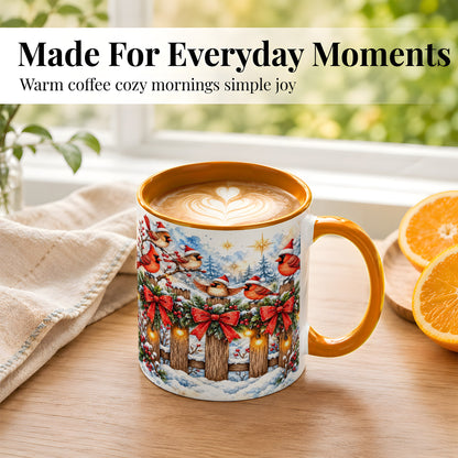 #pl[11oz|Orange] Snowy Cardinals Coffee Mug, Christmas Bird Mug, Ceramic Cup