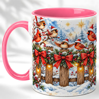 #pl[11oz|Pink] Snowy Cardinals Coffee Mug, Christmas Bird Mug, Ceramic Cup