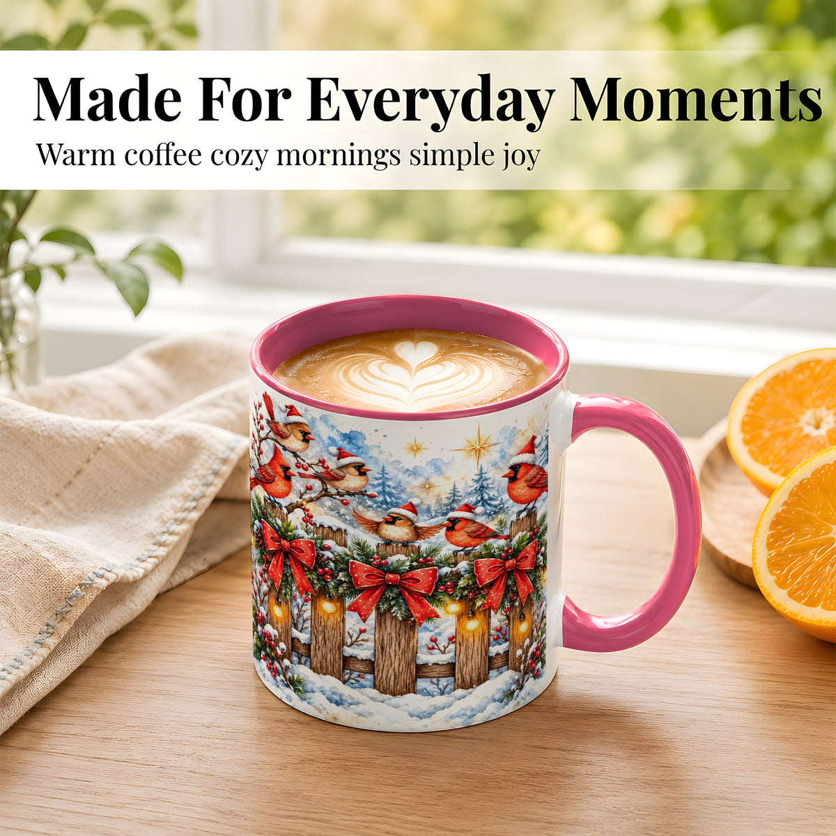 #pl[11oz|Pink] Snowy Cardinals Coffee Mug, Christmas Bird Mug, Ceramic Cup