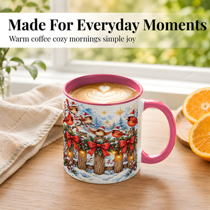 #pl[11oz|Pink] Snowy Cardinals Coffee Mug, Christmas Bird Mug, Ceramic Cup