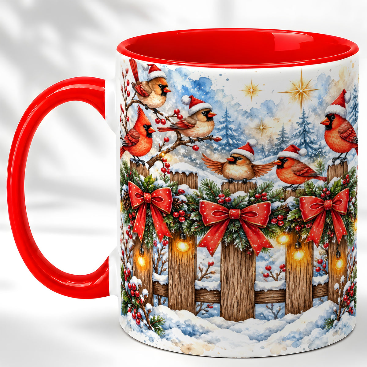 Snowy Cardinals Coffee Mug, Christmas Bird Mug, Ceramic Cup