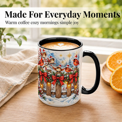 #pl[15oz|Black] Snowy Cardinals Coffee Mug, Christmas Bird Mug, Ceramic Cup