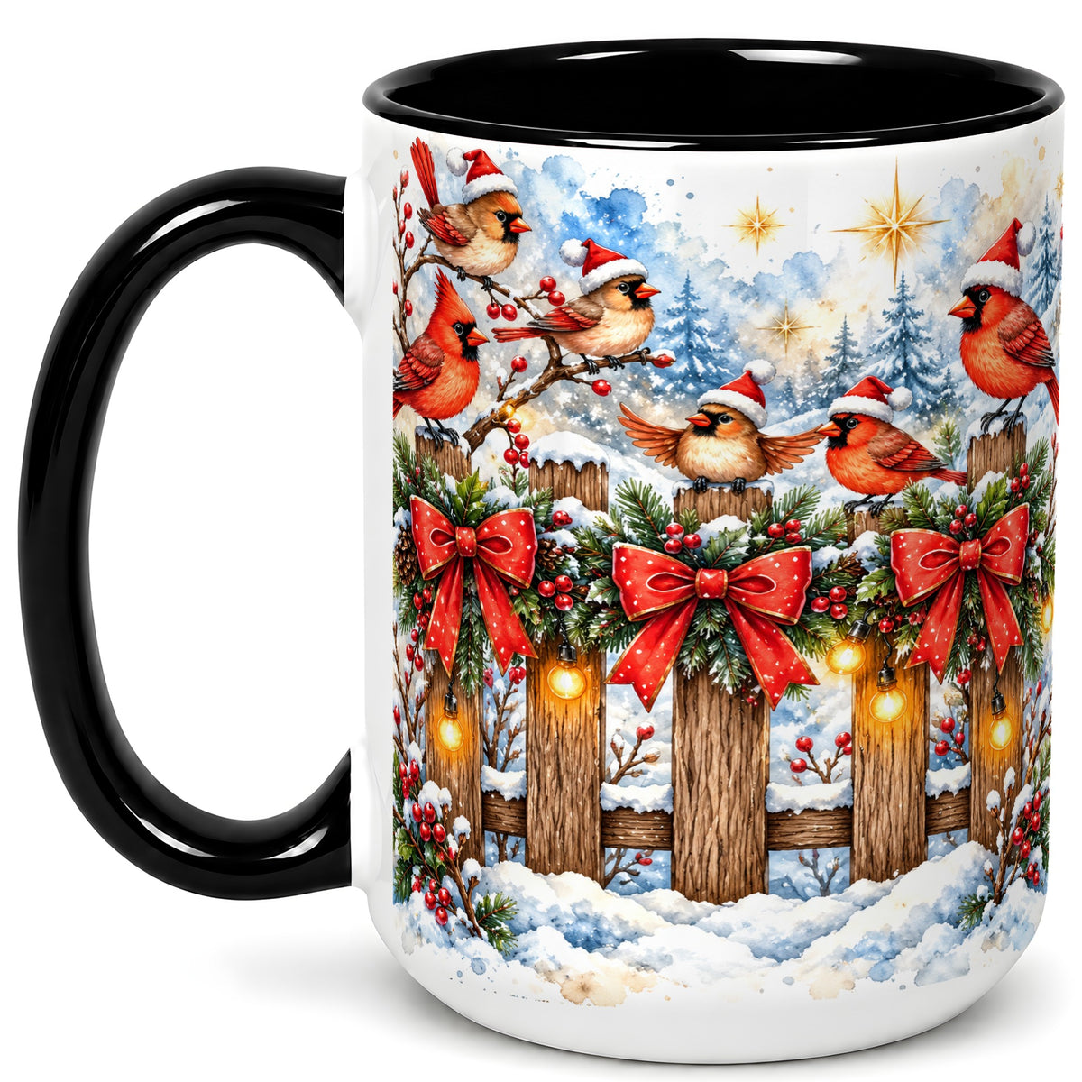 #pl[15oz|Black] Snowy Cardinals Coffee Mug, Christmas Bird Mug, Ceramic Cup