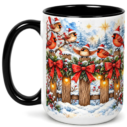 #pl[15oz|Black] Snowy Cardinals Coffee Mug, Christmas Bird Mug, Ceramic Cup