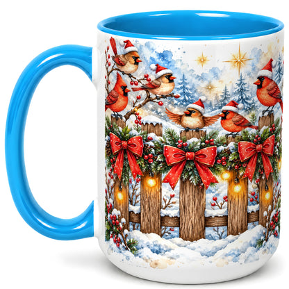 #pl[15oz|Blue] Snowy Cardinals Coffee Mug, Christmas Bird Mug, Ceramic Cup
