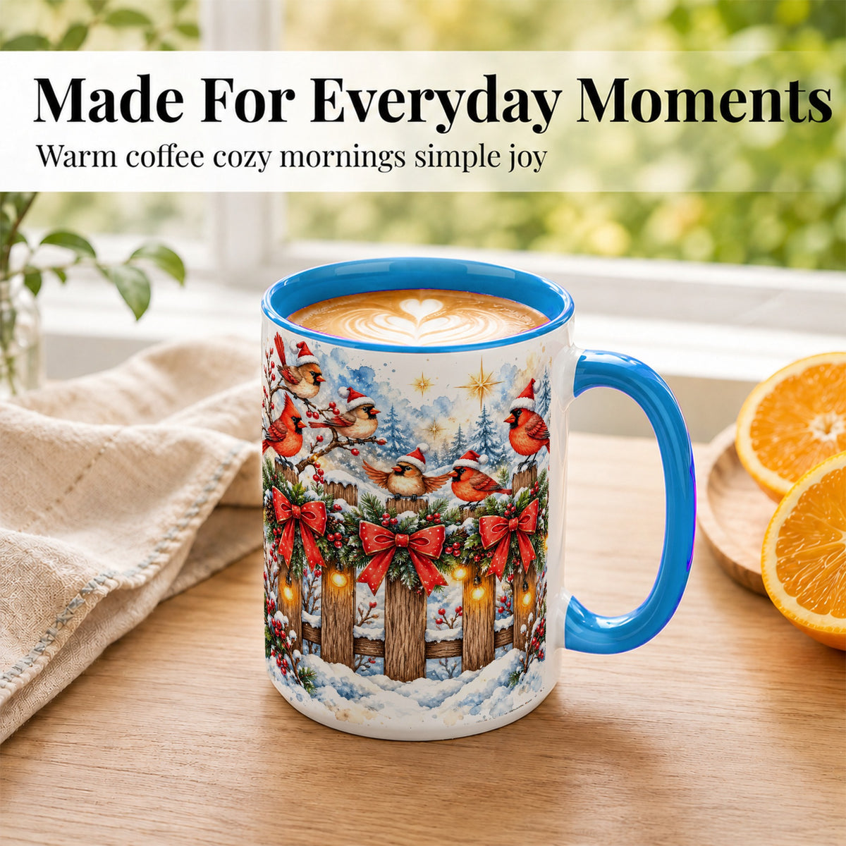 #pl[15oz|Blue] Snowy Cardinals Coffee Mug, Christmas Bird Mug, Ceramic Cup