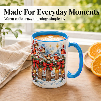 #pl[15oz|Blue] Snowy Cardinals Coffee Mug, Christmas Bird Mug, Ceramic Cup