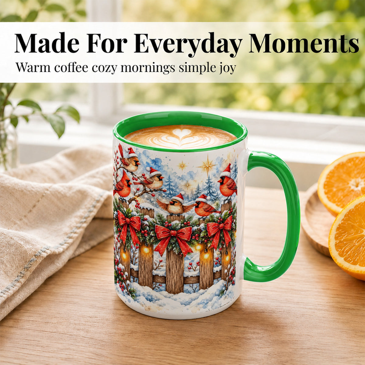 #pl[15oz|Green] Snowy Cardinals Coffee Mug, Christmas Bird Mug, Ceramic Cup