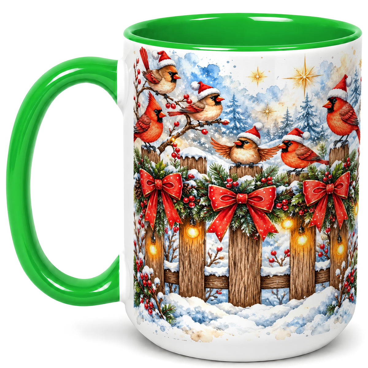 #pl[15oz|Green] Snowy Cardinals Coffee Mug, Christmas Bird Mug, Ceramic Cup