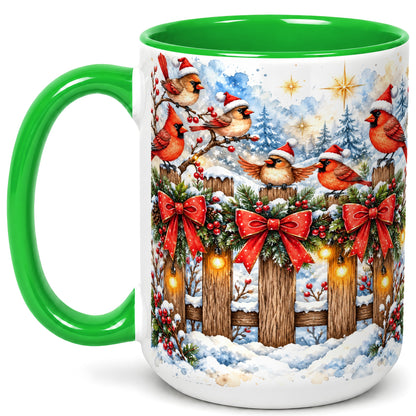 #pl[15oz|Green] Snowy Cardinals Coffee Mug, Christmas Bird Mug, Ceramic Cup
