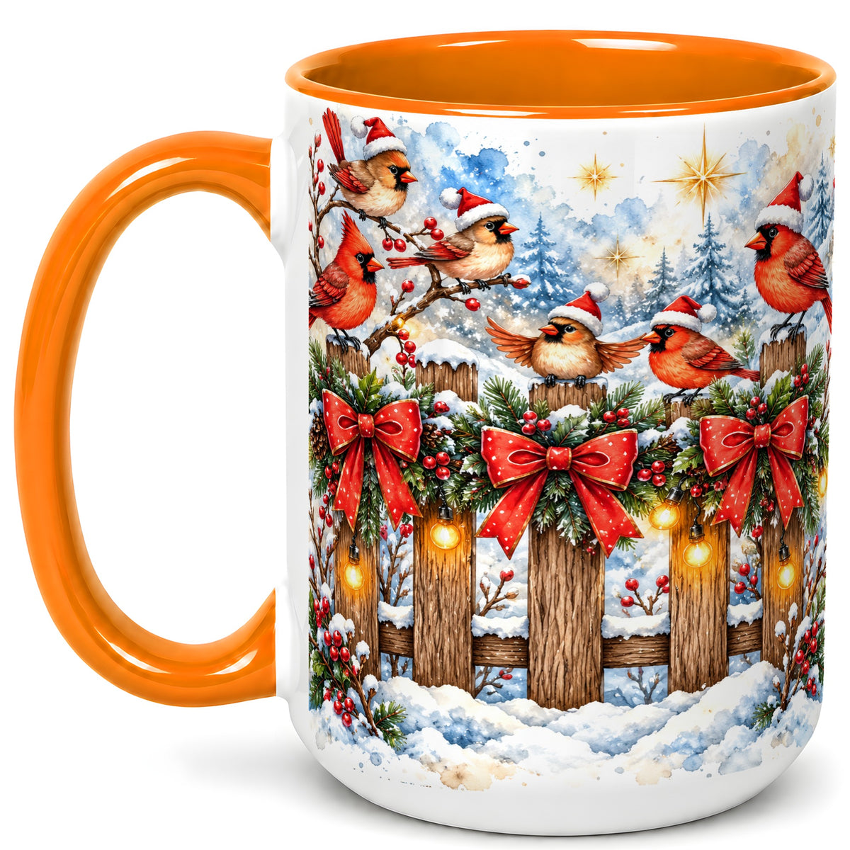 #pl[15oz|Orange] Snowy Cardinals Coffee Mug, Christmas Bird Mug, Ceramic Cup