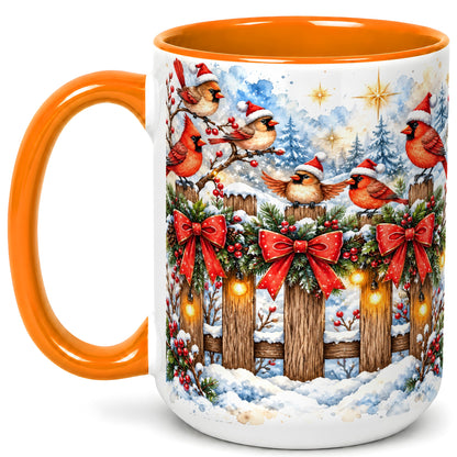 #pl[15oz|Orange] Snowy Cardinals Coffee Mug, Christmas Bird Mug, Ceramic Cup