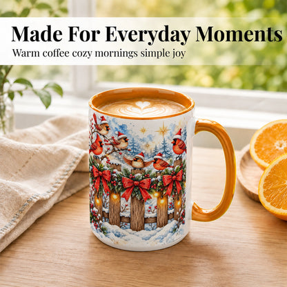 #pl[15oz|Orange] Snowy Cardinals Coffee Mug, Christmas Bird Mug, Ceramic Cup