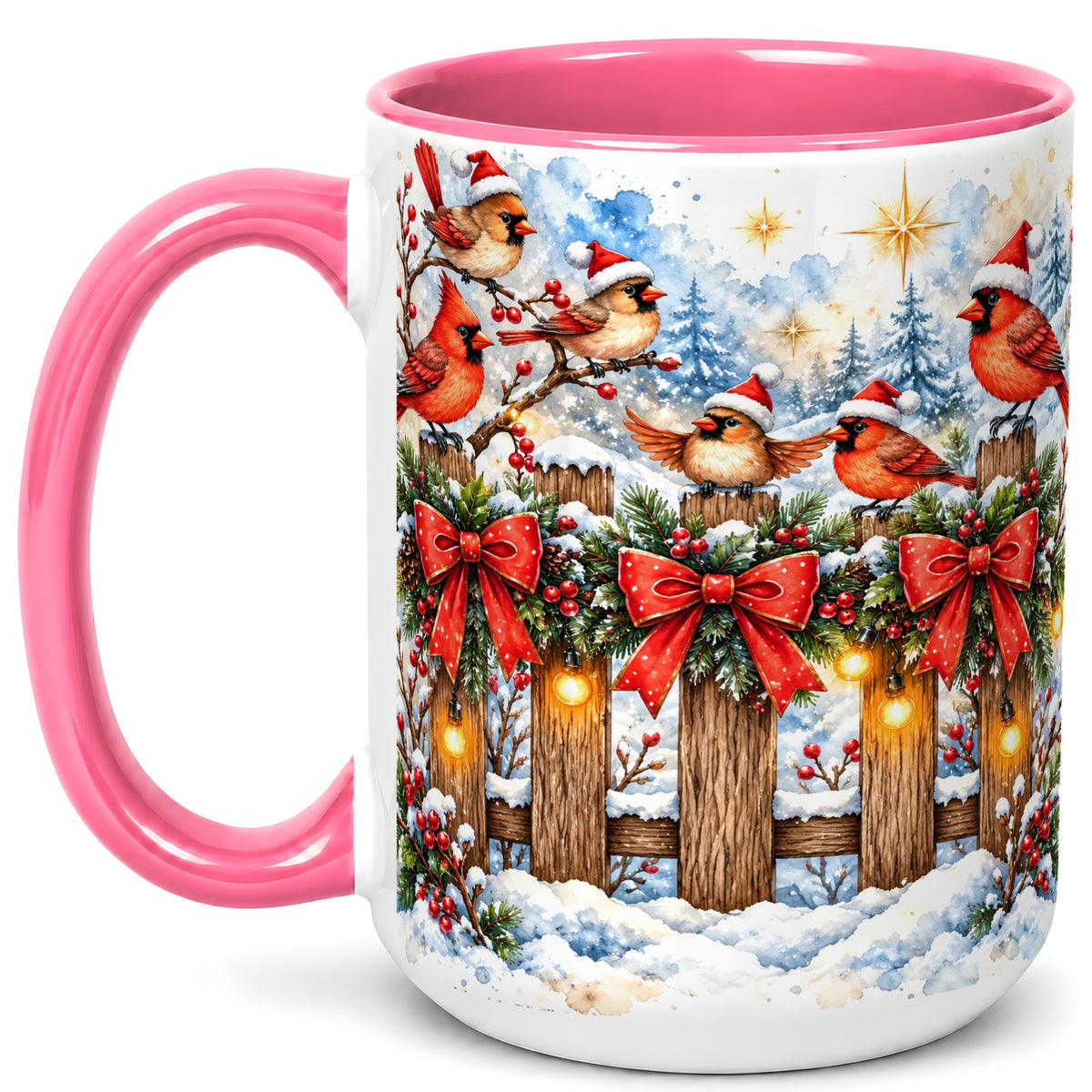 #pl[15oz|Pink] Snowy Cardinals Coffee Mug, Christmas Bird Mug, Ceramic Cup