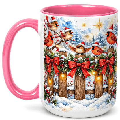 #pl[15oz|Pink] Snowy Cardinals Coffee Mug, Christmas Bird Mug, Ceramic Cup
