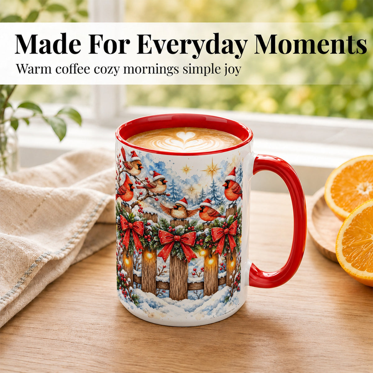 #pl[15oz|Red] Snowy Cardinals Coffee Mug, Christmas Bird Mug, Ceramic Cup