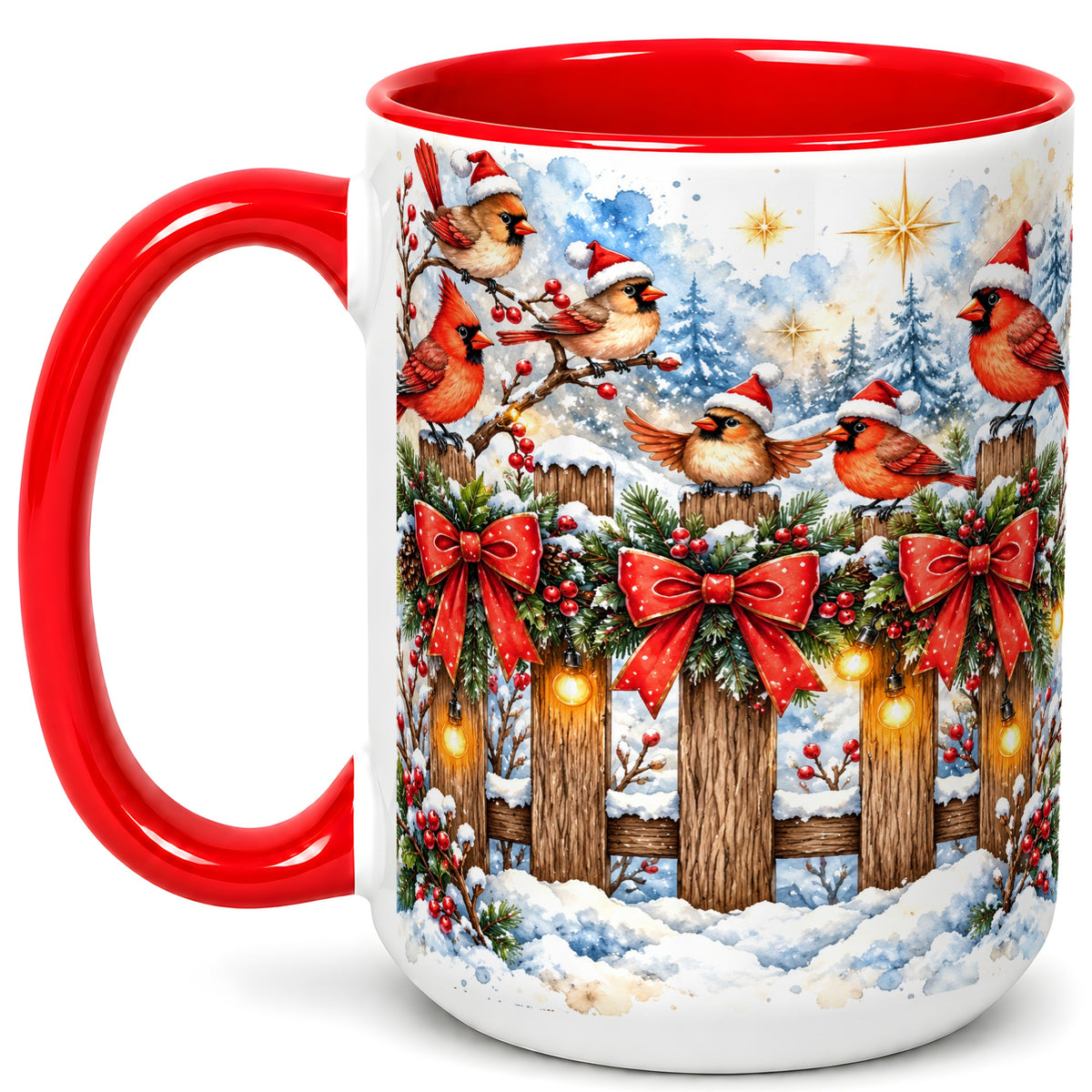 #pl[15oz|Red] Snowy Cardinals Coffee Mug, Christmas Bird Mug, Ceramic Cup