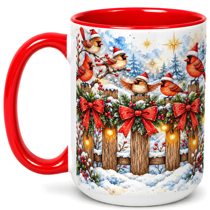 #pl[15oz|Red] Snowy Cardinals Coffee Mug, Christmas Bird Mug, Ceramic Cup