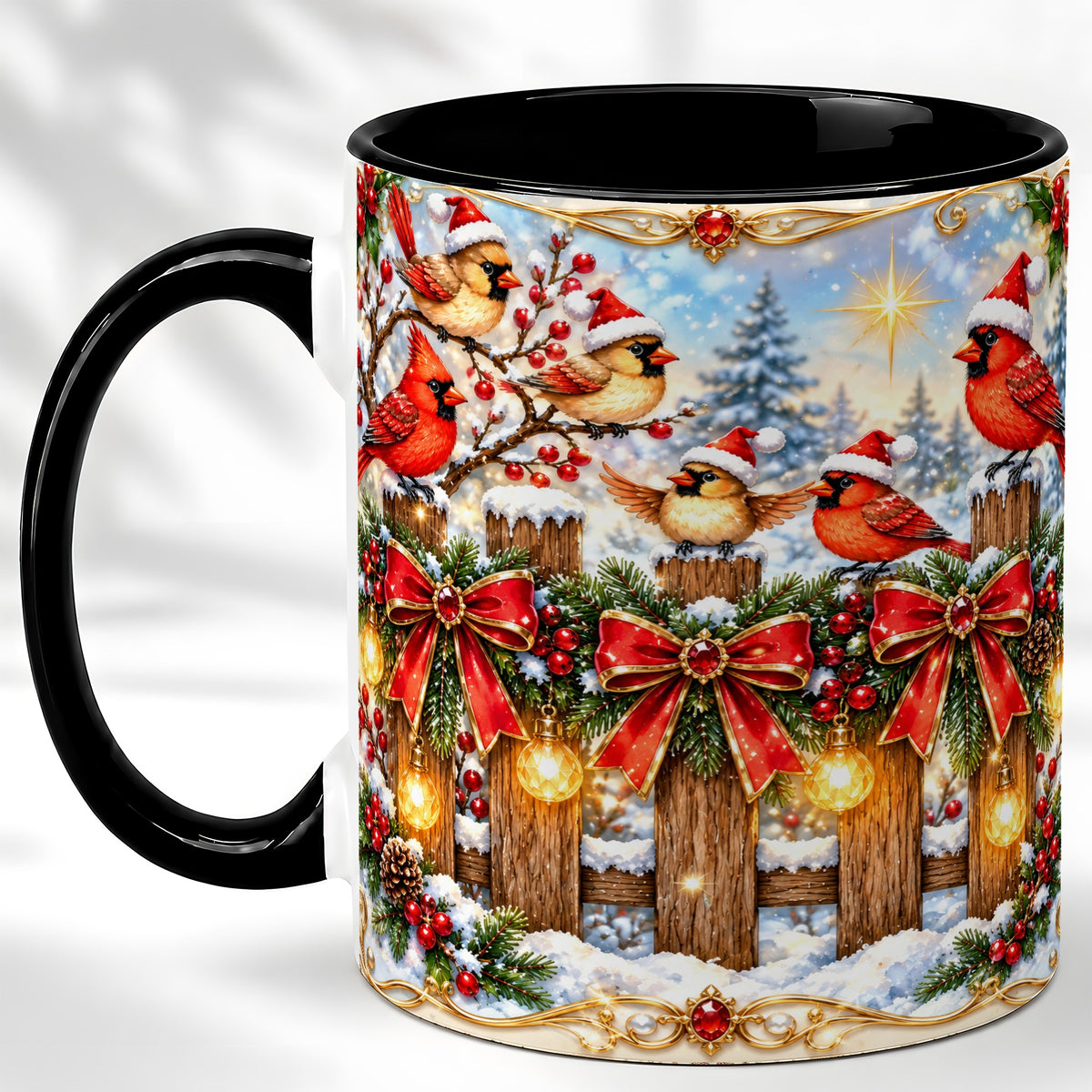 #pl[11oz|Black] Golden Cardinals Coffee Mug, Christmas Bird Mug, Ceramic Cup