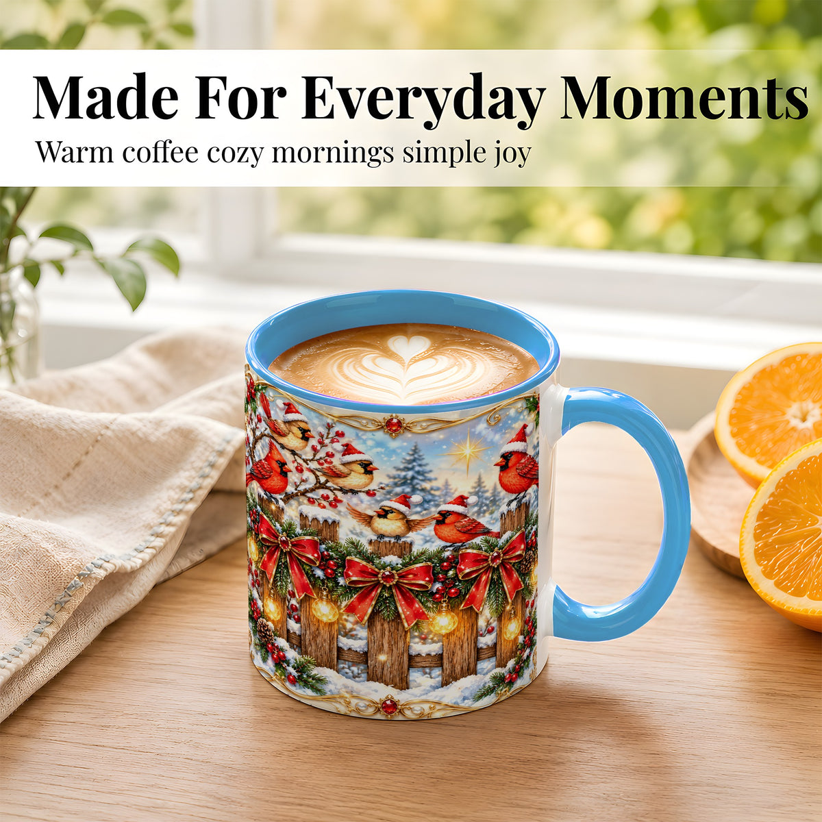 #pl[11oz|Blue] Golden Cardinals Coffee Mug, Christmas Bird Mug, Ceramic Cup