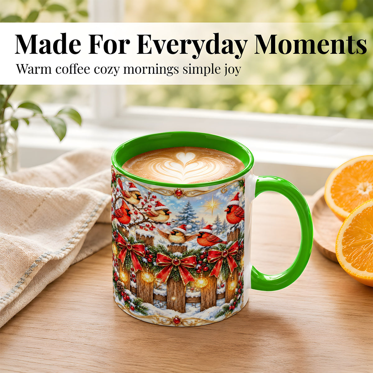 #pl[11oz|Green] Golden Cardinals Coffee Mug, Christmas Bird Mug, Ceramic Cup