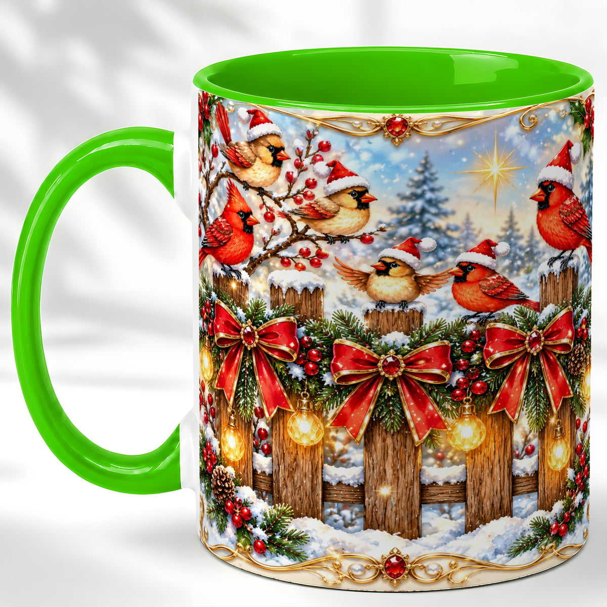 #pl[11oz|Green] Golden Cardinals Coffee Mug, Christmas Bird Mug, Ceramic Cup