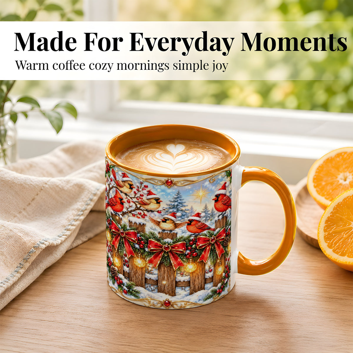 #pl[11oz|Orange] Golden Cardinals Coffee Mug, Christmas Bird Mug, Ceramic Cup