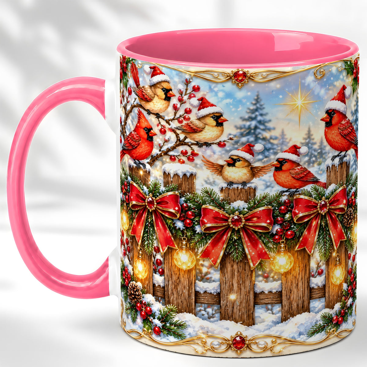 #pl[11oz|Pink] Golden Cardinals Coffee Mug, Christmas Bird Mug, Ceramic Cup