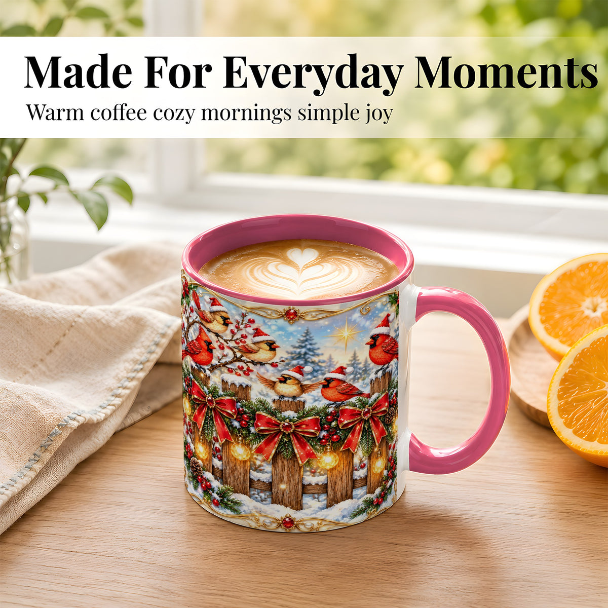 #pl[11oz|Pink] Golden Cardinals Coffee Mug, Christmas Bird Mug, Ceramic Cup