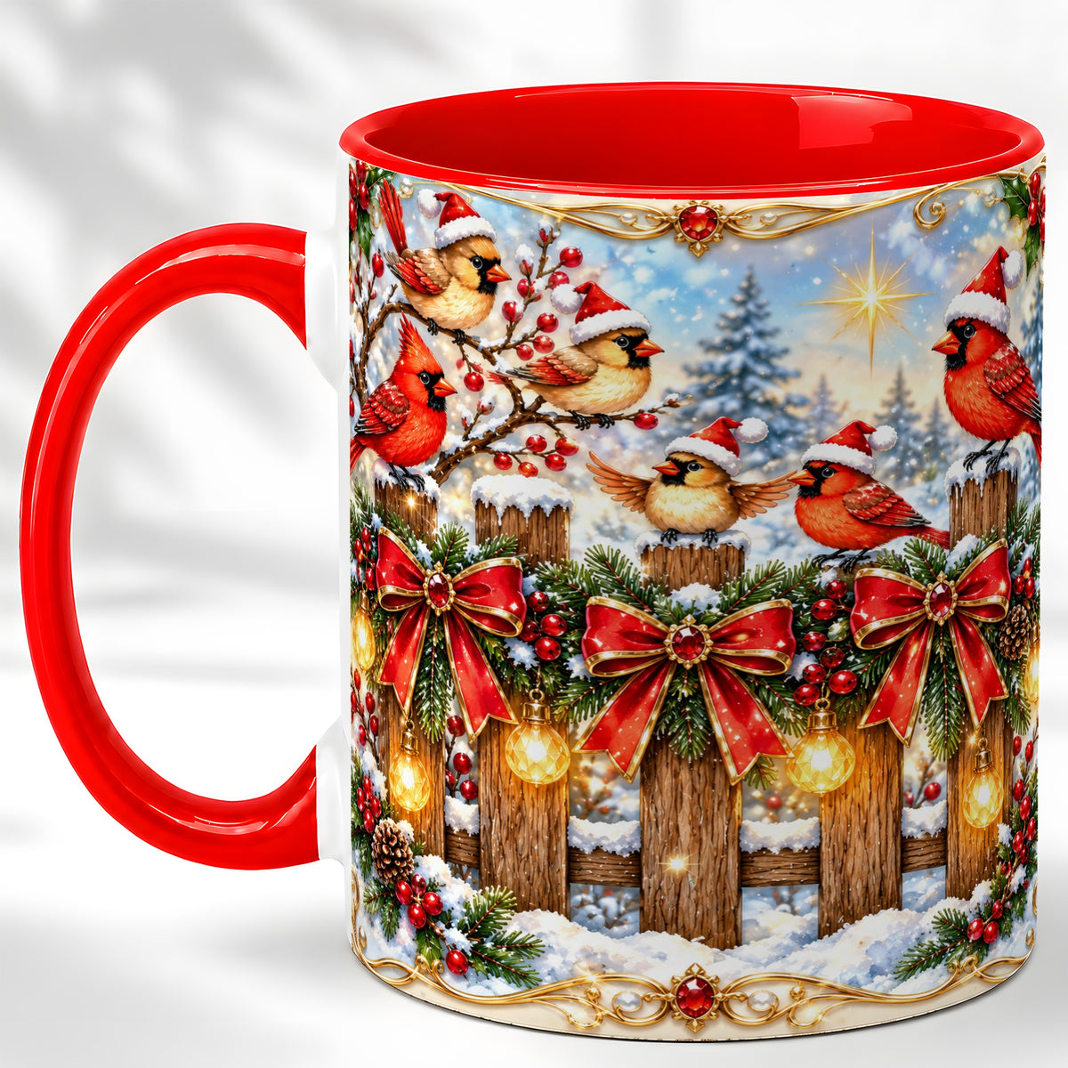 Golden Cardinals Coffee Mug, Christmas Bird Mug, Ceramic Cup