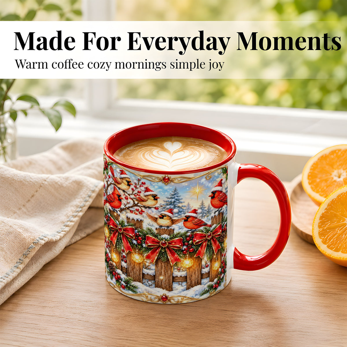 #pl[11oz|Red] Golden Cardinals Coffee Mug, Christmas Bird Mug, Ceramic Cup