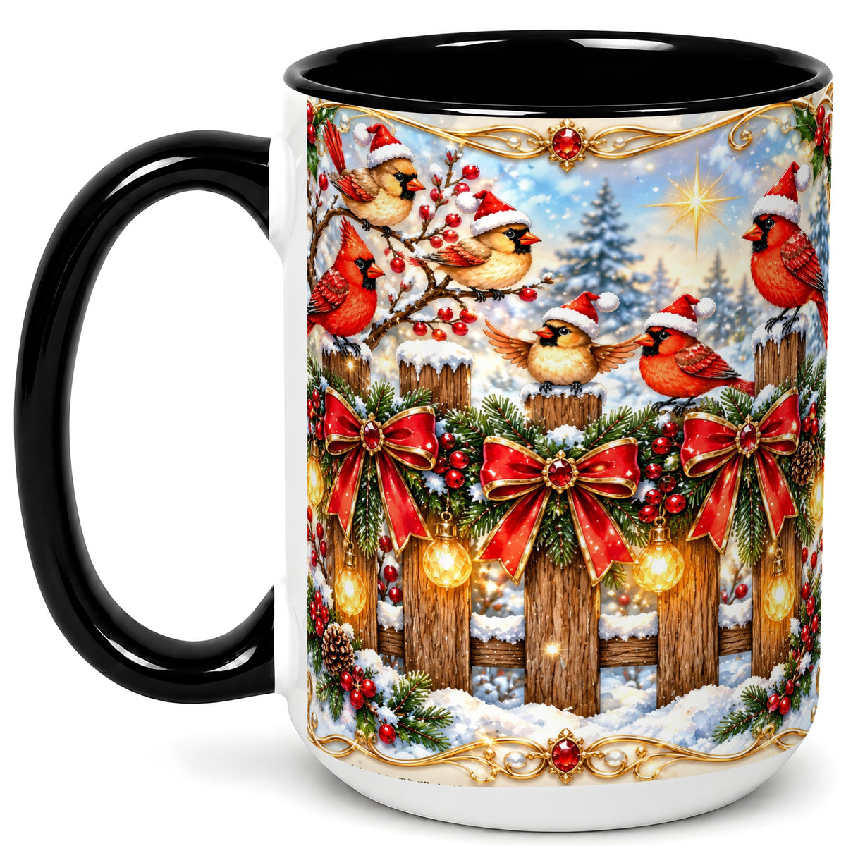 #pl[15oz|Black] Golden Cardinals Coffee Mug, Christmas Bird Mug, Ceramic Cup