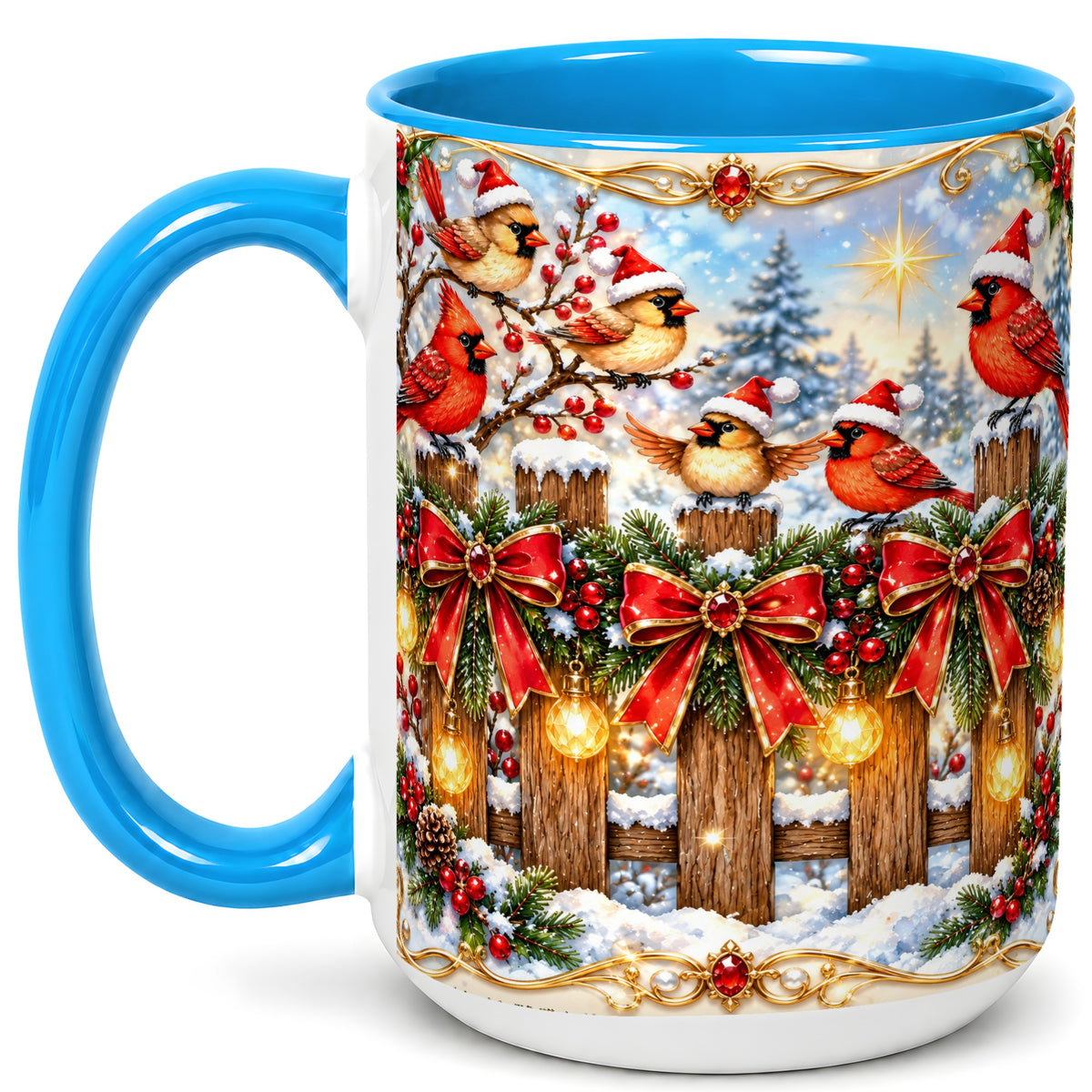 #pl[15oz|Blue] Golden Cardinals Coffee Mug, Christmas Bird Mug, Ceramic Cup
