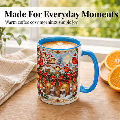 #pl[15oz|Blue] Golden Cardinals Coffee Mug, Christmas Bird Mug, Ceramic Cup