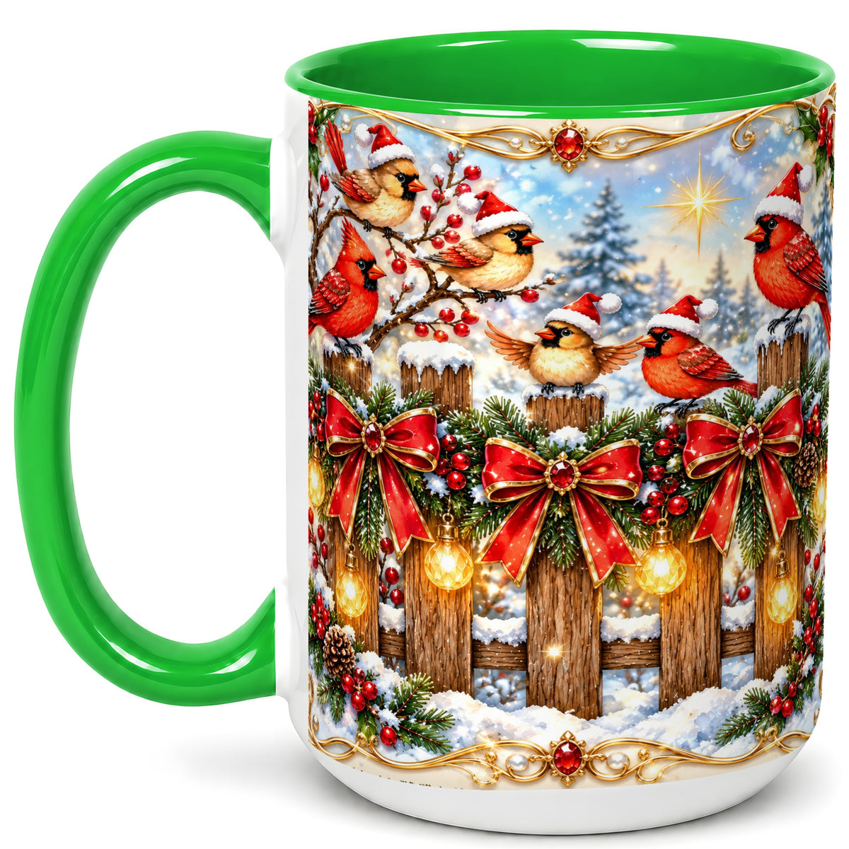 #pl[15oz|Green] Golden Cardinals Coffee Mug, Christmas Bird Mug, Ceramic Cup