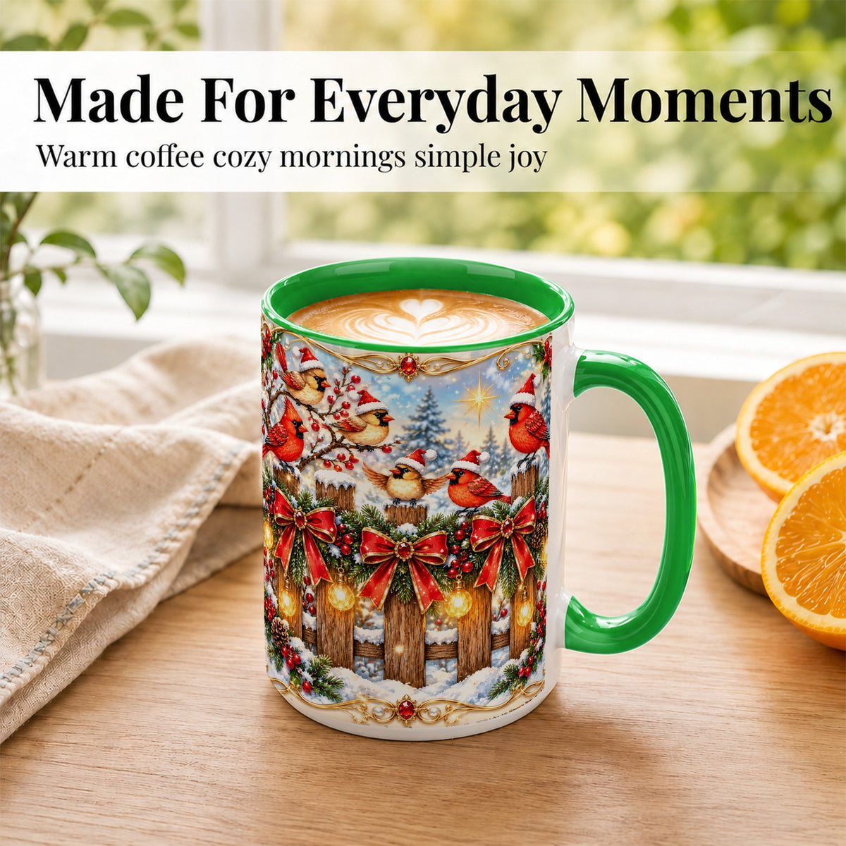 #pl[15oz|Green] Golden Cardinals Coffee Mug, Christmas Bird Mug, Ceramic Cup