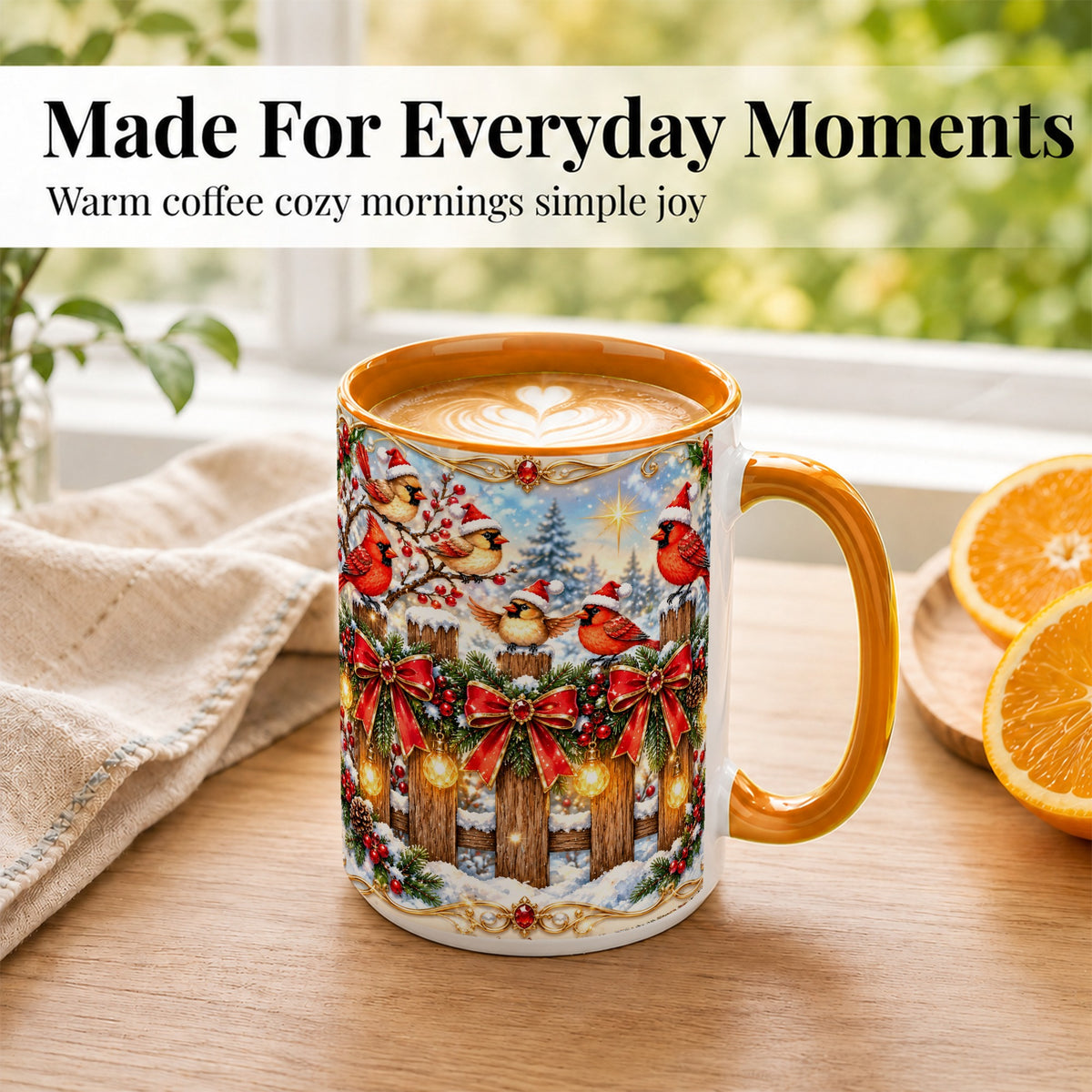 #pl[15oz|Orange] Golden Cardinals Coffee Mug, Christmas Bird Mug, Ceramic Cup