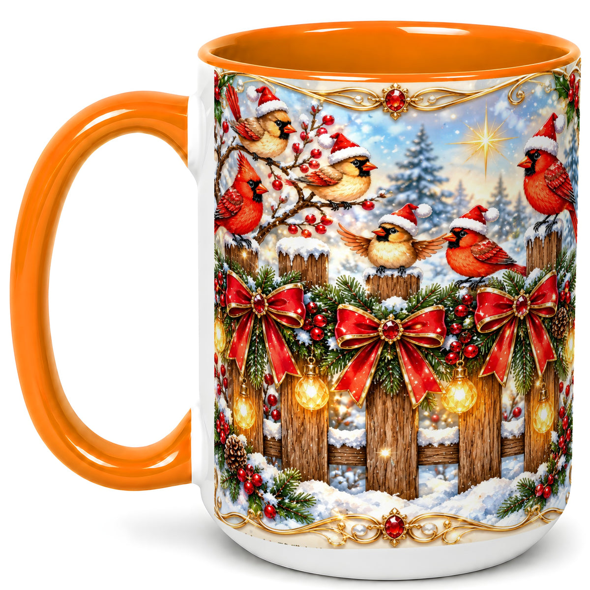 #pl[15oz|Orange] Golden Cardinals Coffee Mug, Christmas Bird Mug, Ceramic Cup