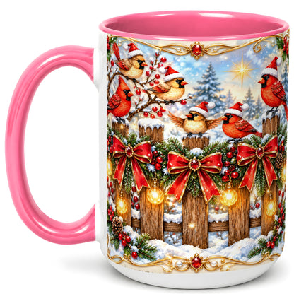 #pl[15oz|Pink] Golden Cardinals Coffee Mug, Christmas Bird Mug, Ceramic Cup