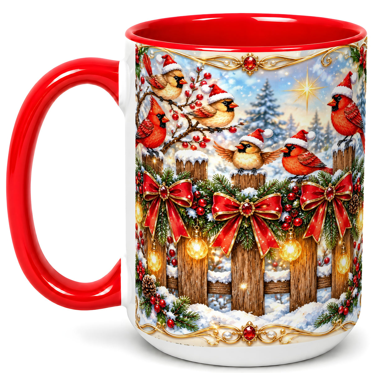 #pl[15oz|Red] Golden Cardinals Coffee Mug, Christmas Bird Mug, Ceramic Cup