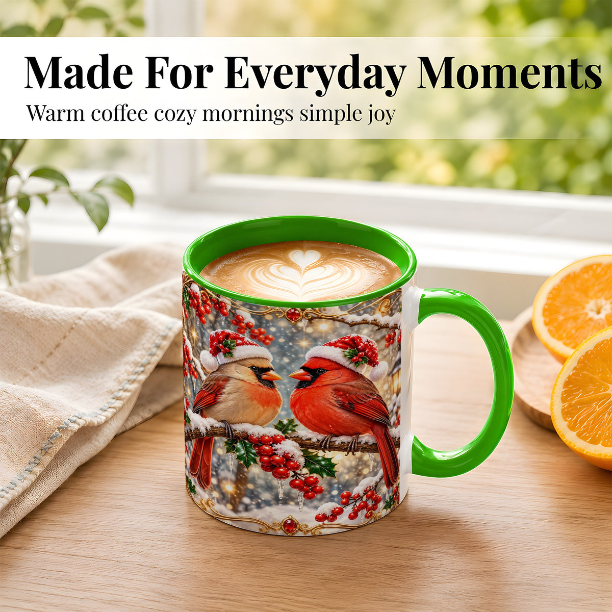 #pl[11oz|Green] Cardinal Pair Coffee Mug, Christmas Bird Mug, Ceramic Cup