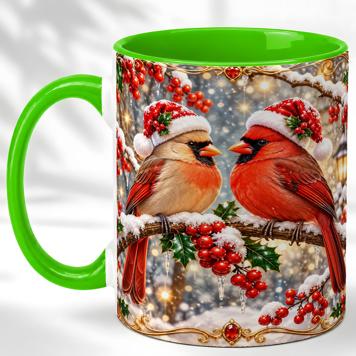 #pl[11oz|Green] Cardinal Pair Coffee Mug, Christmas Bird Mug, Ceramic Cup