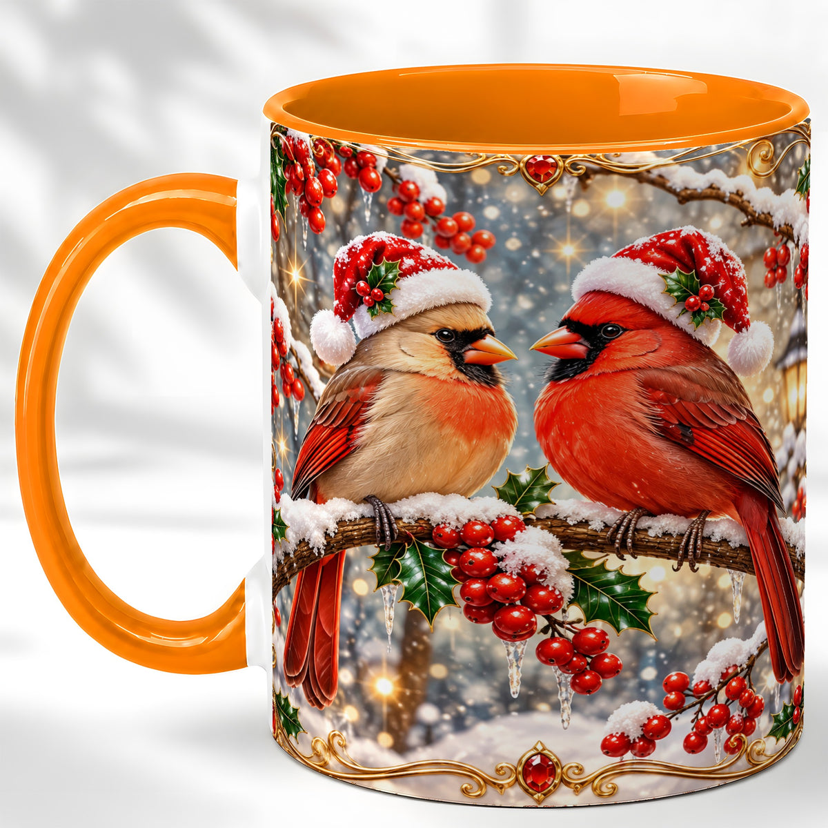 #pl[11oz|Orange] Cardinal Pair Coffee Mug, Christmas Bird Mug, Ceramic Cup