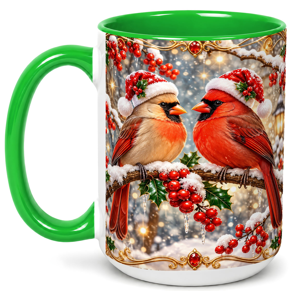 #pl[15oz|Green] Cardinal Pair Coffee Mug, Christmas Bird Mug, Ceramic Cup