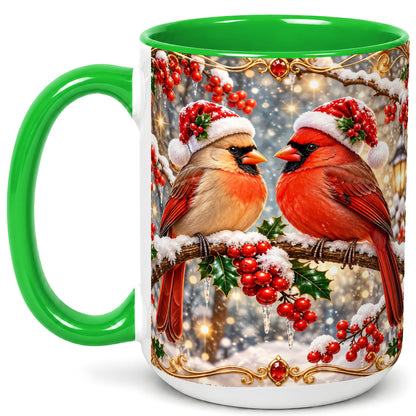 #pl[15oz|Green] Cardinal Pair Coffee Mug, Christmas Bird Mug, Ceramic Cup